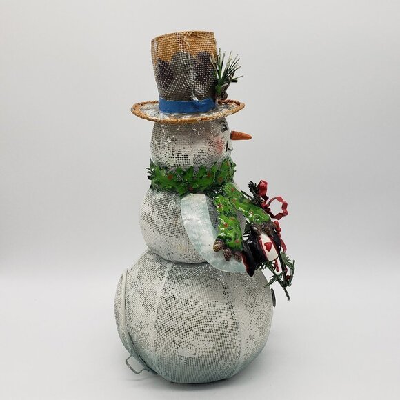 Metal Christmas Smiling Snowman Holding Wreath Bird on Hat Votive Candle Decor - Picture 11 of 11